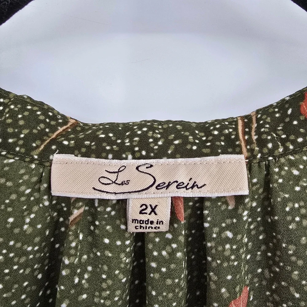 Les Serein Womens 2X Olive Green Floral Ruffle Cap Sleeve V-Neck Tie Blouse - Picture 6 of 10